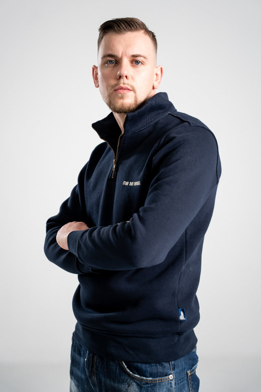 Half-Zip Pulli MIR SIN BASEL – Navy – 100% Baumwolle