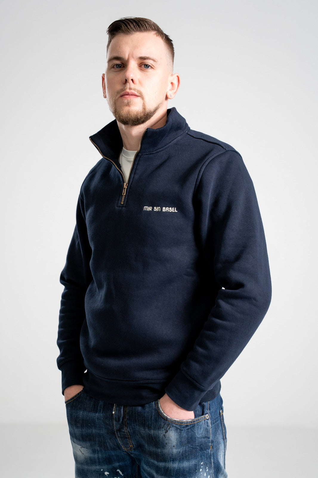 Half-Zip Pulli MIR SIN BASEL – Navy – 100% Baumwolle